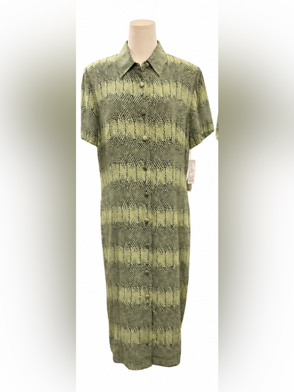 Vintage Adrianna Papell 100% Silk Green Printed Shirt Dress Size 14 NWT